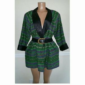 Vintage Guatamalan Print Blazer with Leather Trim